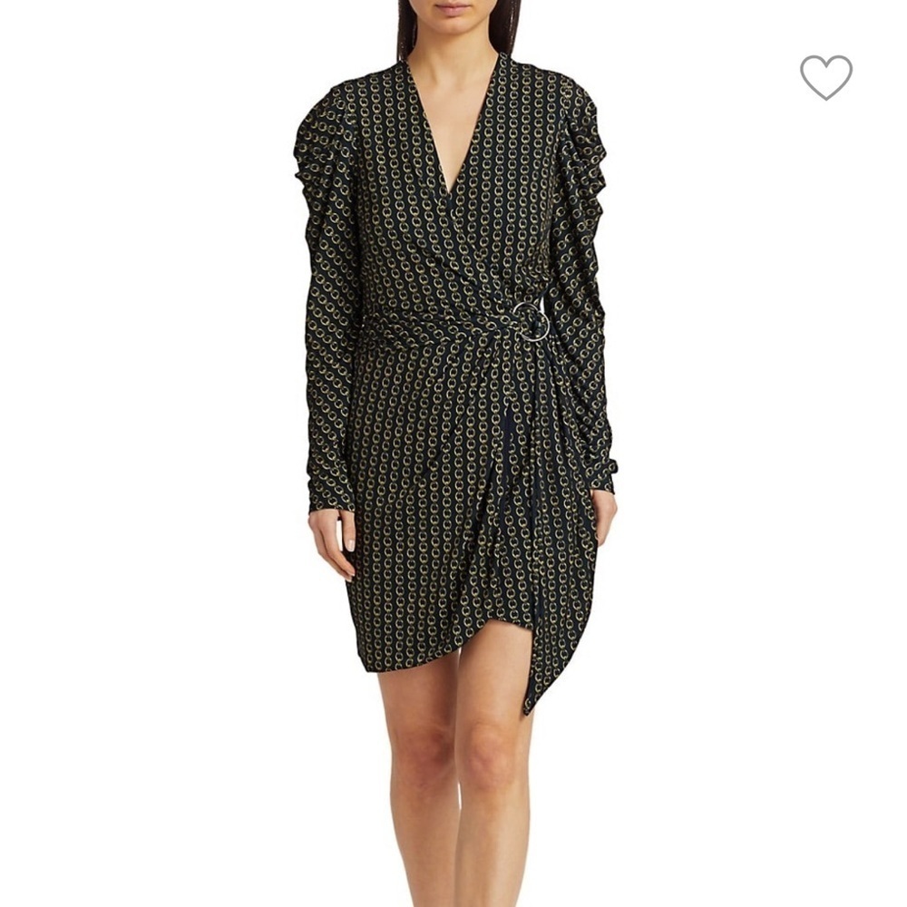 🆕 JONATHAN SIMKHAI Chain Jacquard Belted Puff-Sleeve Wrap Dress $575